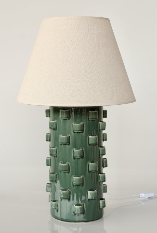 Tall Green Ceramic Curly Lamp Base With Beige Shade